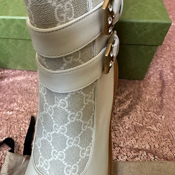GUCCI Authentic K,GG Supreme Leather Crystal Buckle Platform Ankle  Boots 37/6.5 - Picture 4 of 17